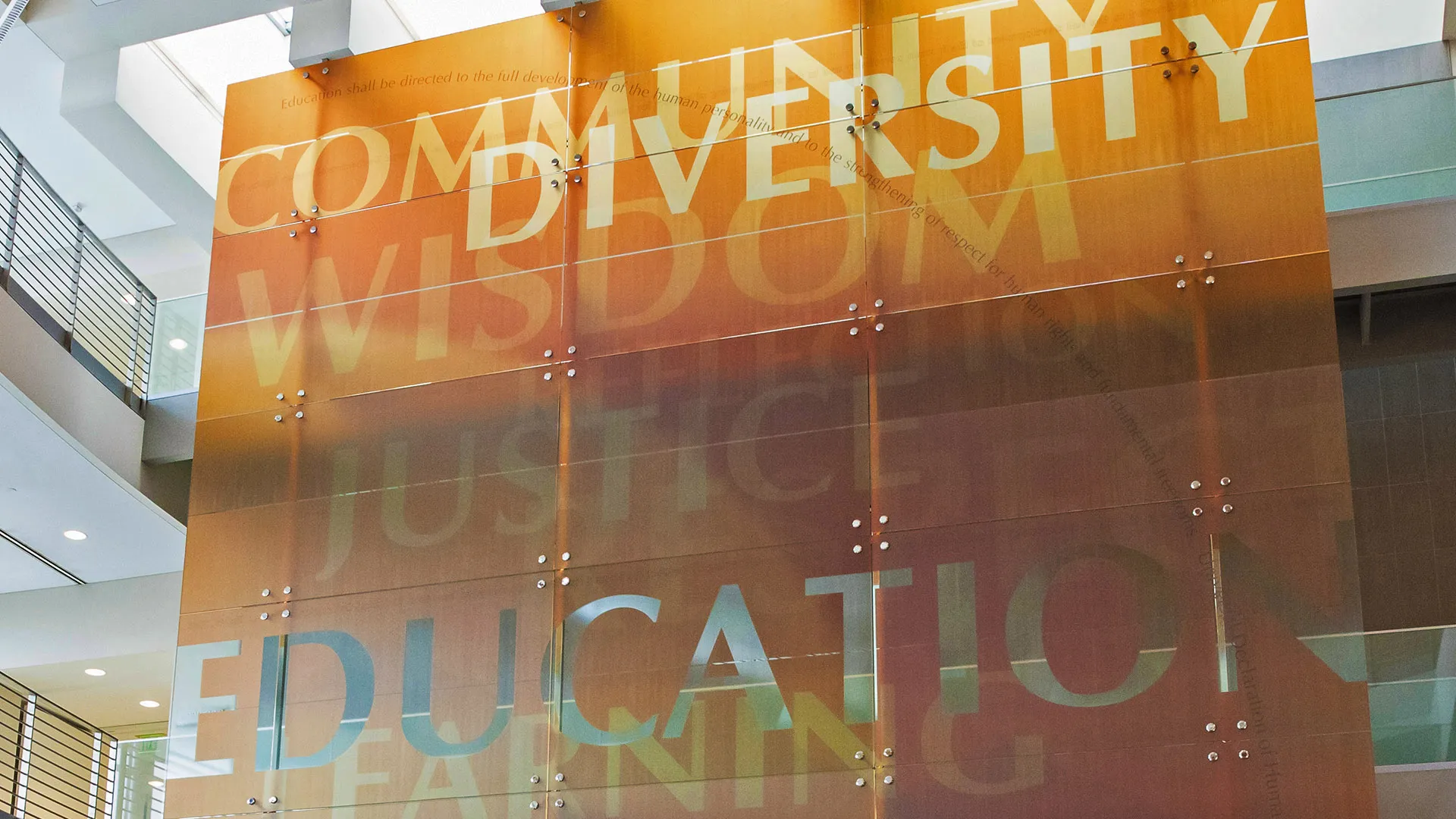 The hanging banner in the atrium of the Watson College of Education.